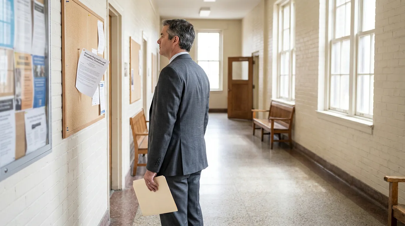 Illinois Attorney Reviewing ARDC Disciplinary Notice in Courthouse Hallway suited attorney holding folder reading Attorney Disciplinary Commissions notice board courthouse hallway
