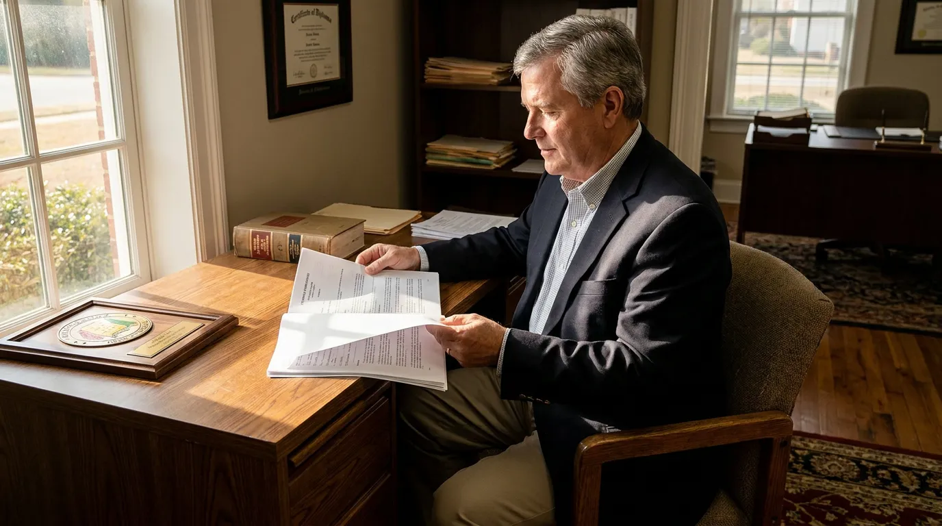 Opelika Probate Attorney Reviewing Alabama Medicaid Estate Documents attorney seated at wooden desk reviewing legal documents with diploma and plaque visible