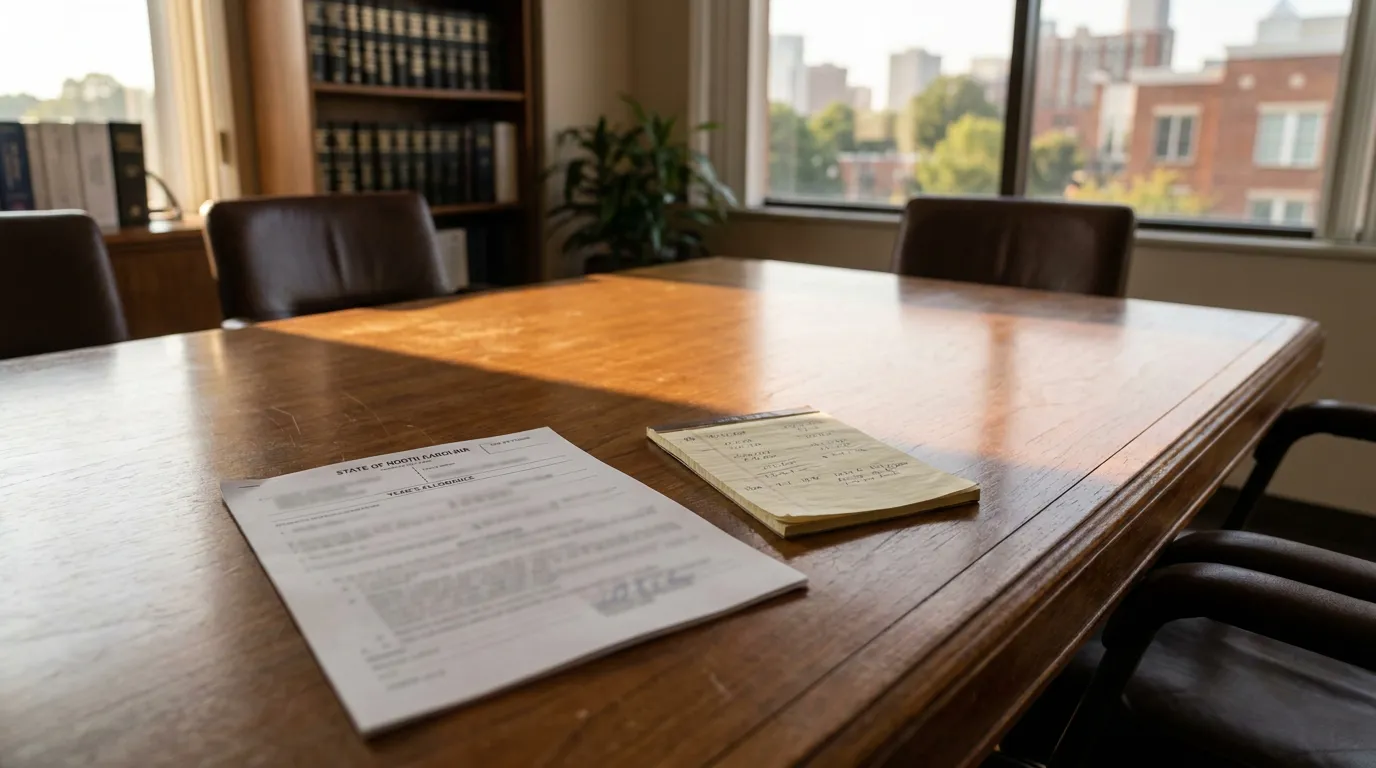 North Carolina Year's Allowance Form Charlotte Probate Office State of North Carolina legal document and notepad on law office conference table