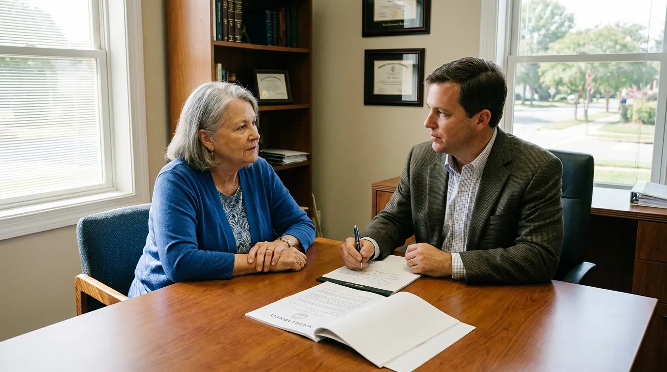 Fort Mill Elder Law Attorney Advising Client on Medicaid Planning attorney taking notes while meeting with female client across office desk