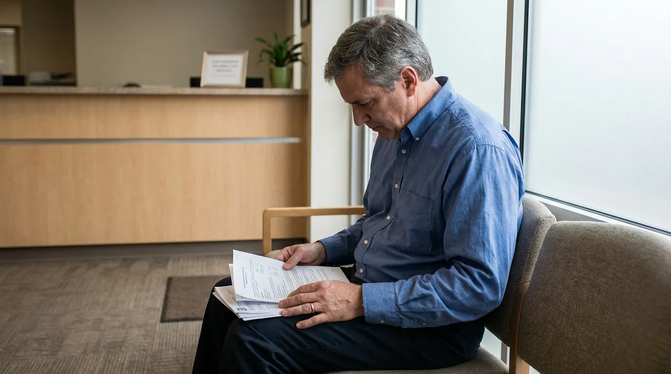 man seated in office waiting area reviewing printed legal documents