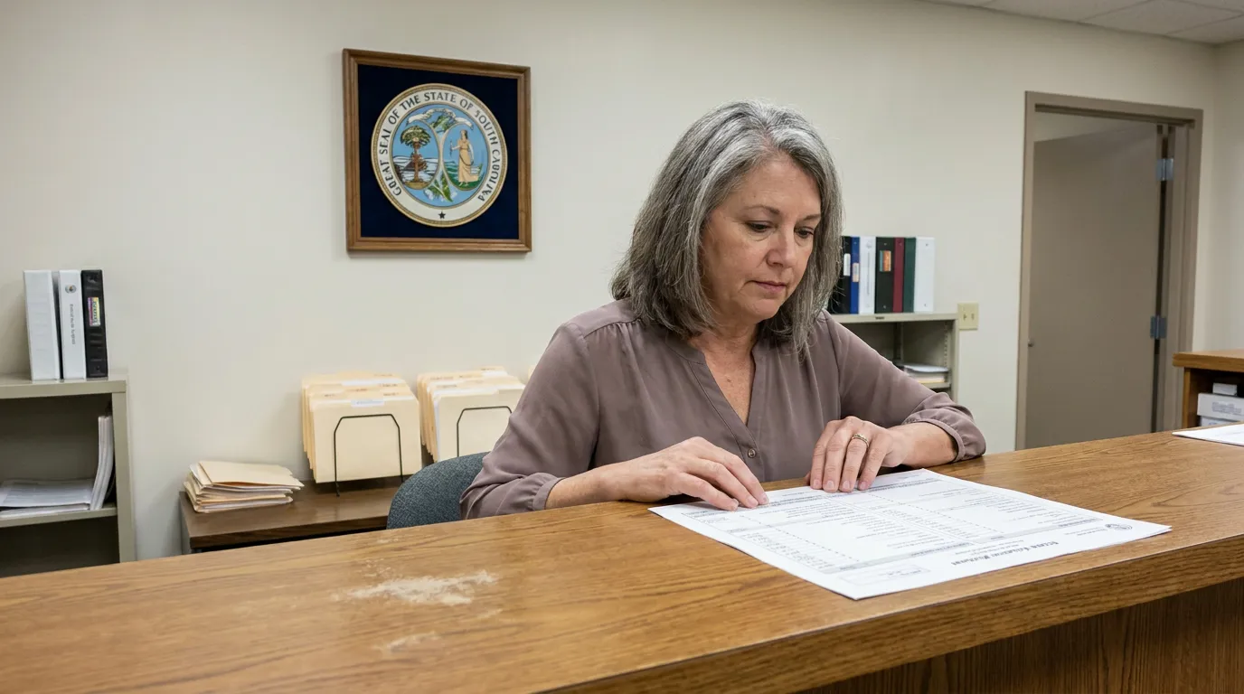 South Carolina Medicaid Estate Recovery Documents Lake Wylie woman reviewing legal document at desk beneath Great Seal of South Carolina