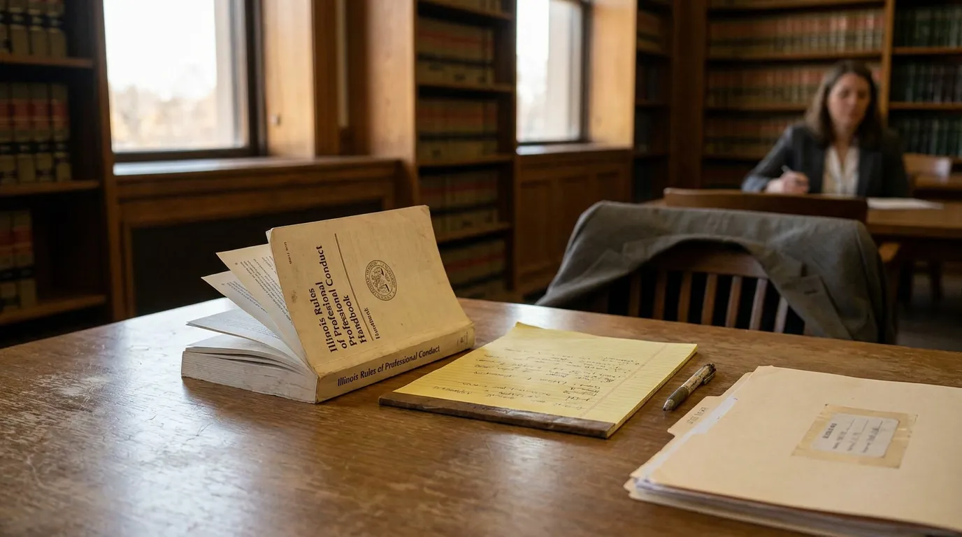 Illinois Attorney Reviewing Rules of Professional Conduct Law Library Illinois Rules of Professional Conduct handbook open on law library table with attorney in background