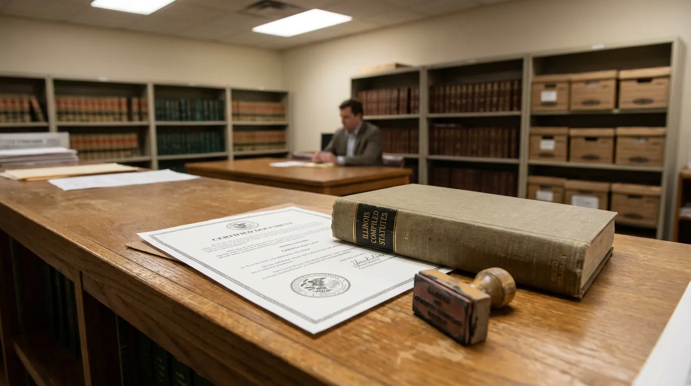 Illinois Probate Court Citation to Recover Estate Assets certified document, Illinois Compiled Statutes book, and stamp on law library desk