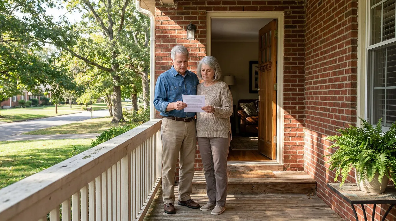 elderly couple reading legal document together on brick home front porch