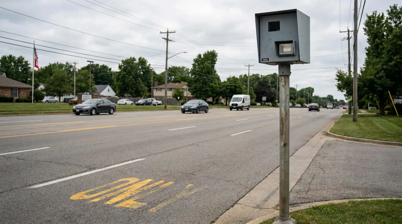 Maryland Speed Camera on Busy Road for Enforcement Data traffic camera mounted on pole beside multi-lane road with passing vehicles