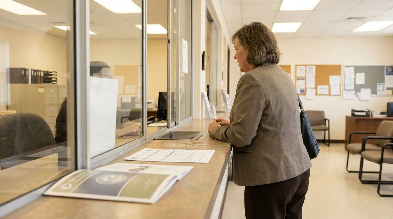Older Woman at Fort Mill SC Medicaid Estate Recovery Office woman in blazer standing at government office service counter with documents