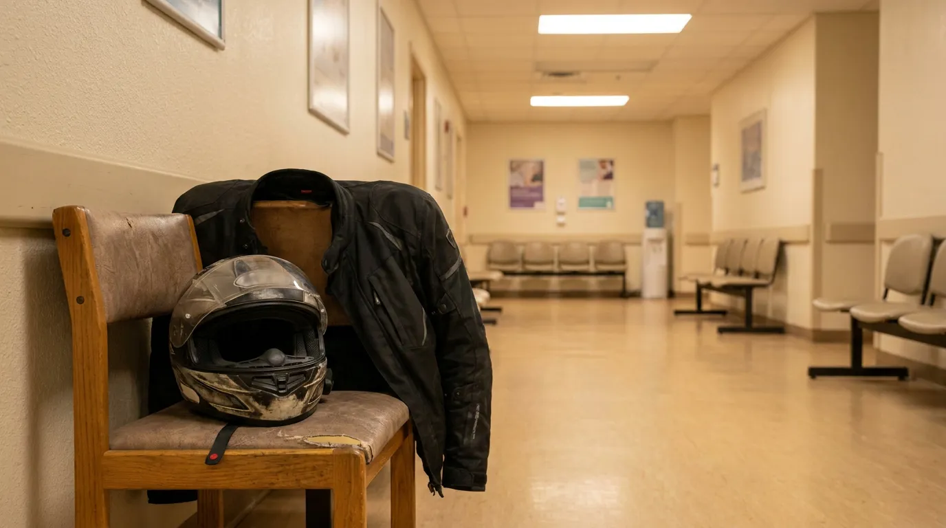 Morgantown Motorcycle Accident Injury Hospital Waiting Room motorcycle helmet and riding jacket resting on chair in hospital waiting room