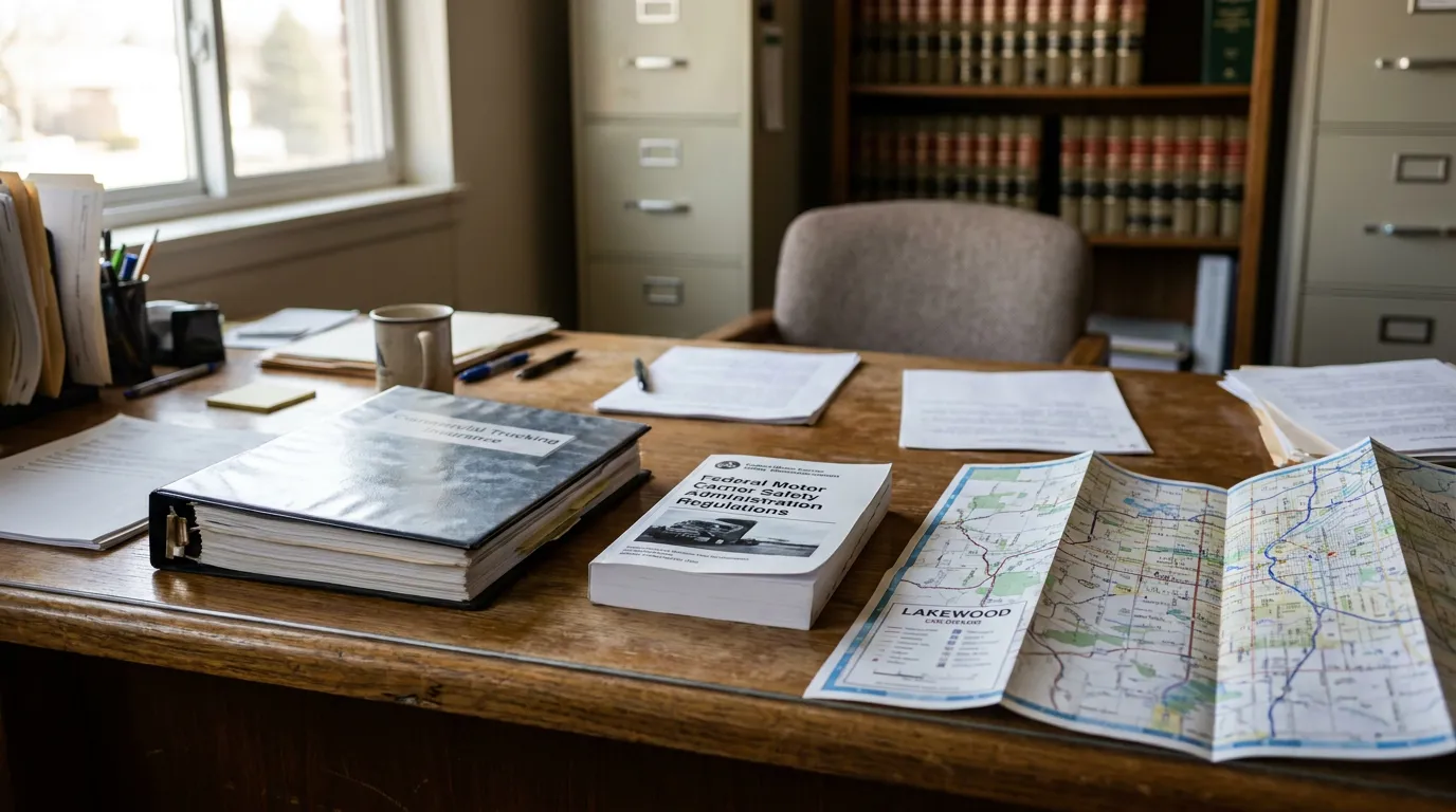 MCS-90 Endorsement Truck Accident Lawyer Desk Lakewood Colorado law office desk with FMCSA regulations booklet, commercial trucking binder, and Lakewood map