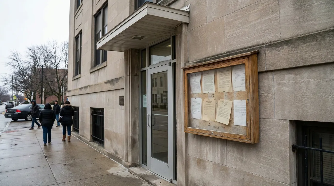 Illinois Courthouse Entrance Fraudulent Transfer Legal Notices exterior entrance of government building with posted legal notices on outdoor bulletin board