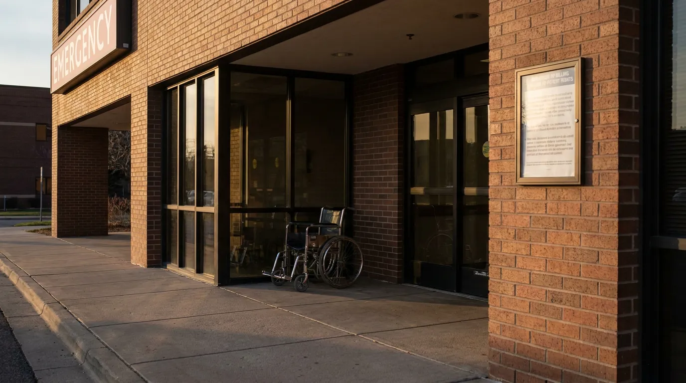 hospital emergency entrance with empty wheelchair parked outside sliding glass doors