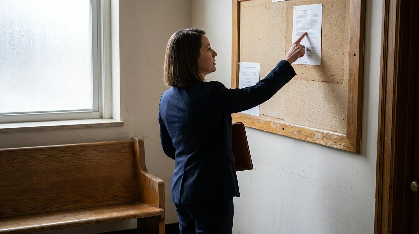 Illinois Attorney Reviewing Court-Ordered Shareholder Remedies professional woman in suit pointing at documents pinned to courthouse bulletin board