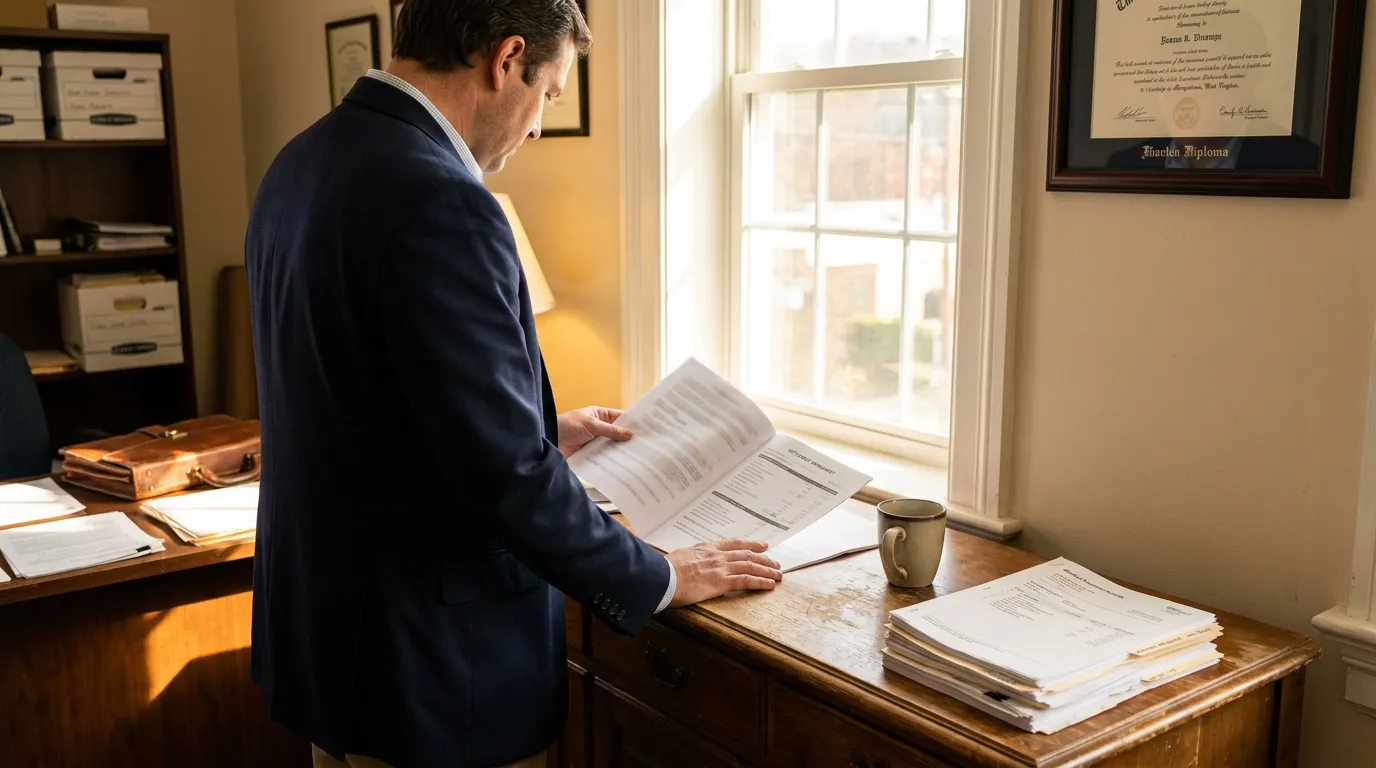 attorney in suit reviewing legal documents beside framed diploma in office