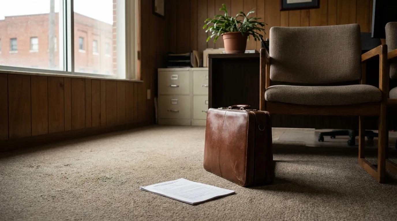 leather briefcase and legal document on floor of law office