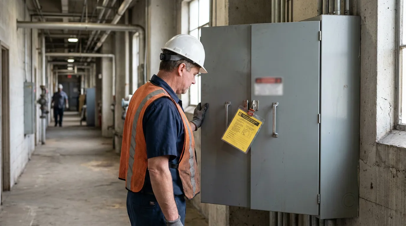 construction worker in hard hat inspecting electrical panel with lockout tagout tag