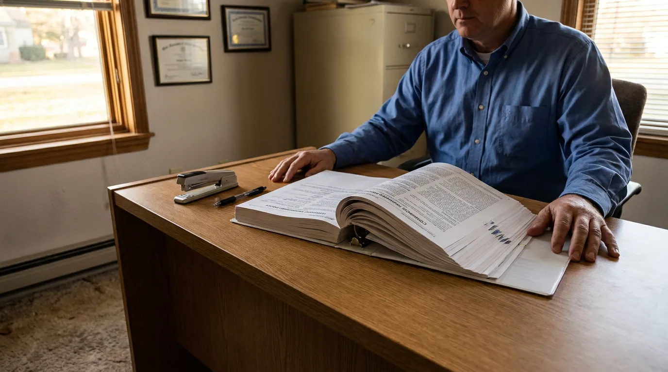 attorney reviewing open insurance policy binder at office desk with framed certificates