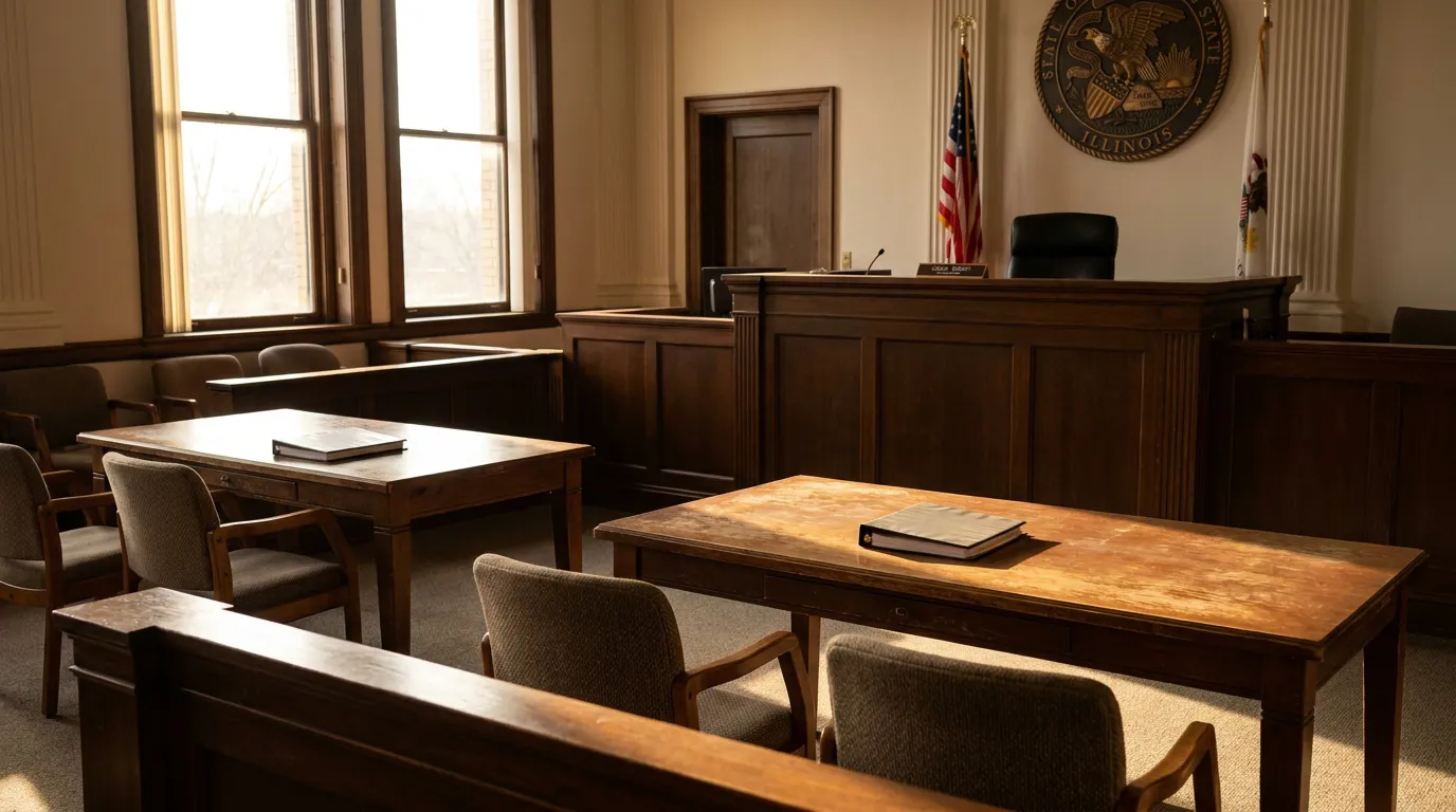 Illinois Courtroom Fraudulent Transfer Fraud in Fact Law empty Illinois courtroom with judge's bench, State seal, and counsel tables