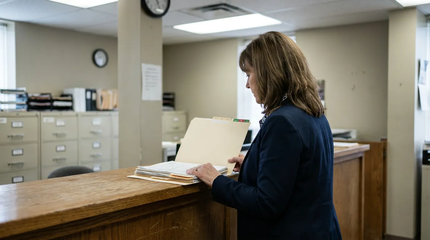 Morgantown Attorney Reviewing Medical Malpractice Case Files professional woman in blazer reviewing open case folder at office counter