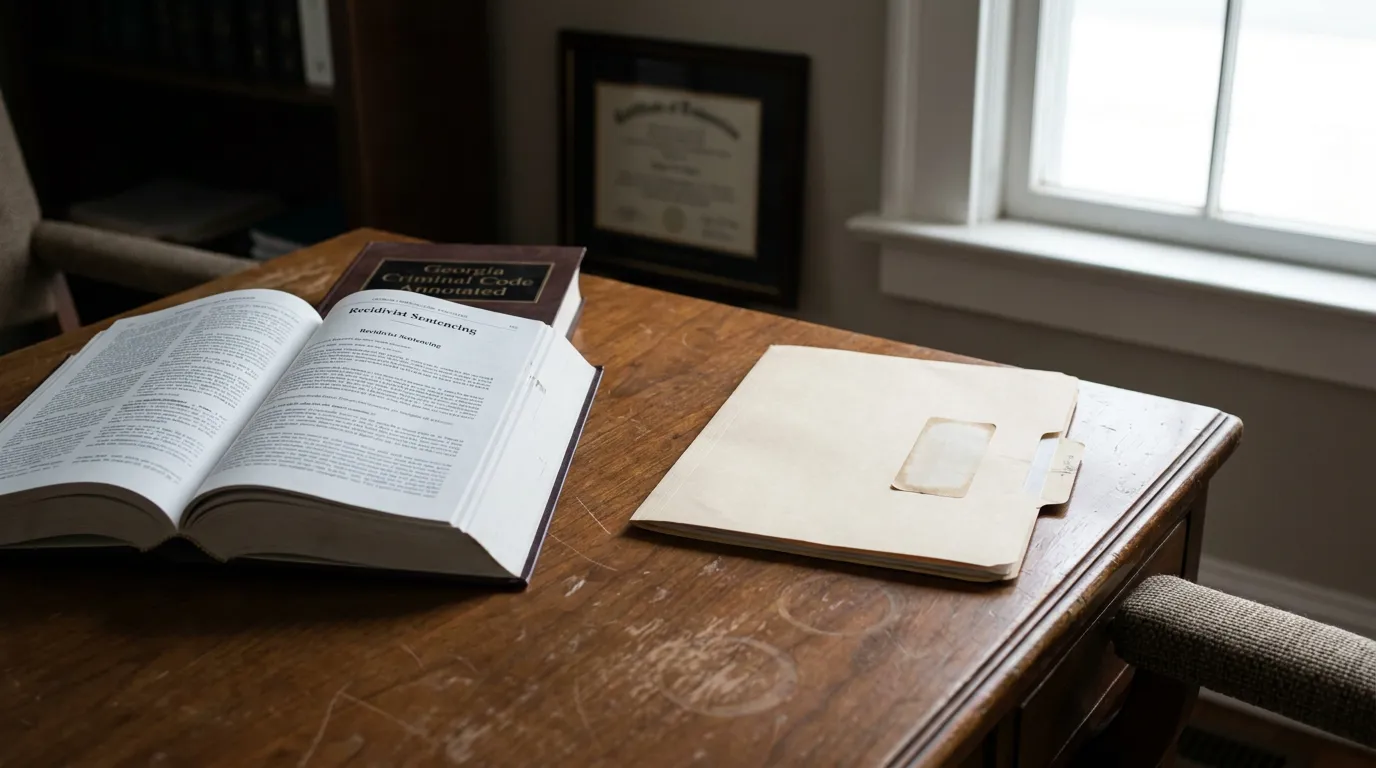 Georgia Recidivist Sentencing Law Book Lawrenceville Attorney Desk Georgia Criminal Code Annotated open to Recidivist Sentencing chapter on wooden desk