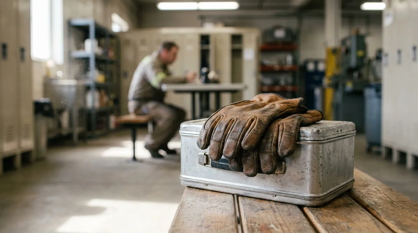 worn leather work gloves resting on metal lunch box in industrial locker room