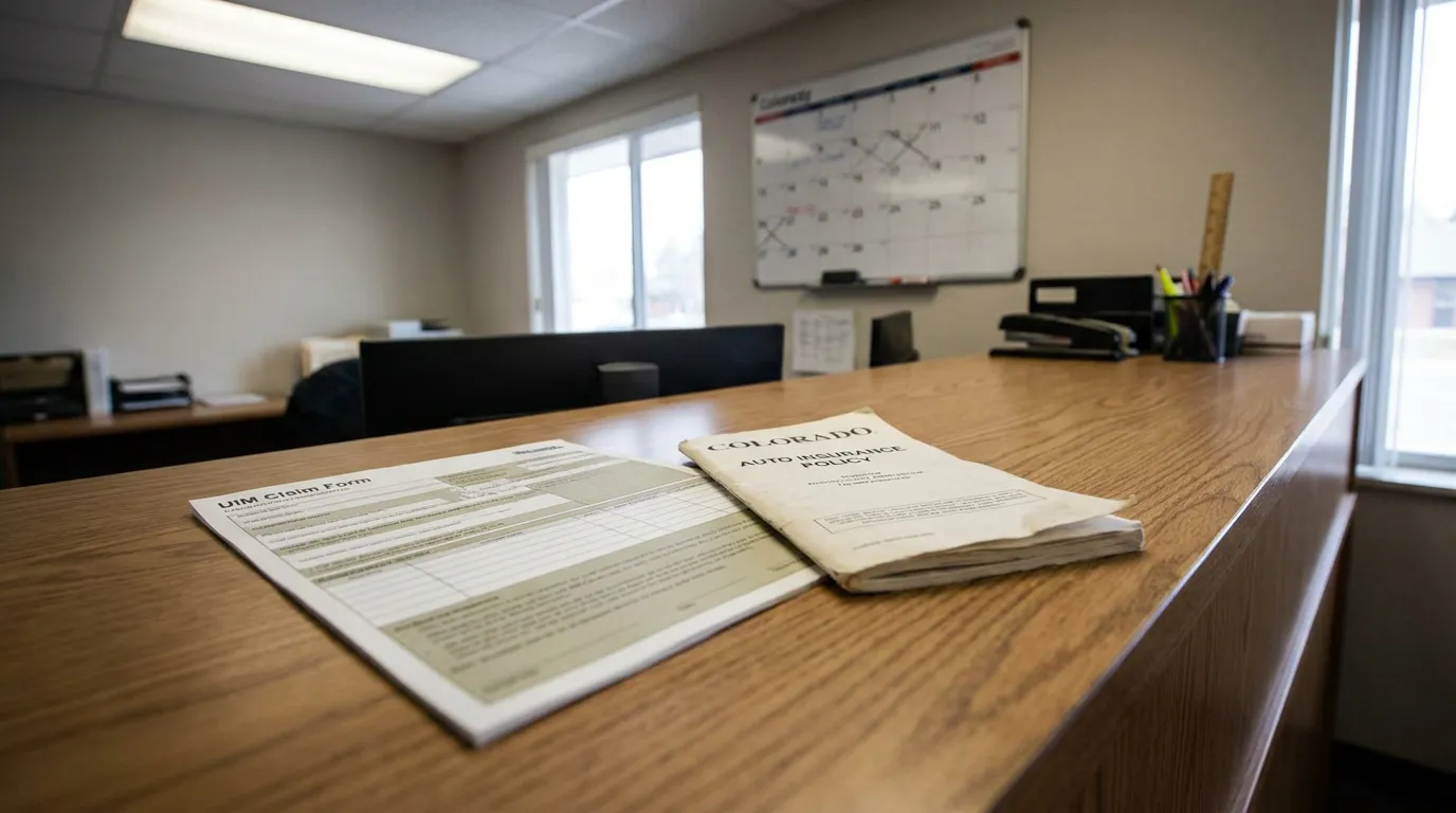 Lakewood UIM Claim Form and Colorado Auto Insurance Policy UIM Claim Form and Colorado Auto Insurance Policy documents on office counter