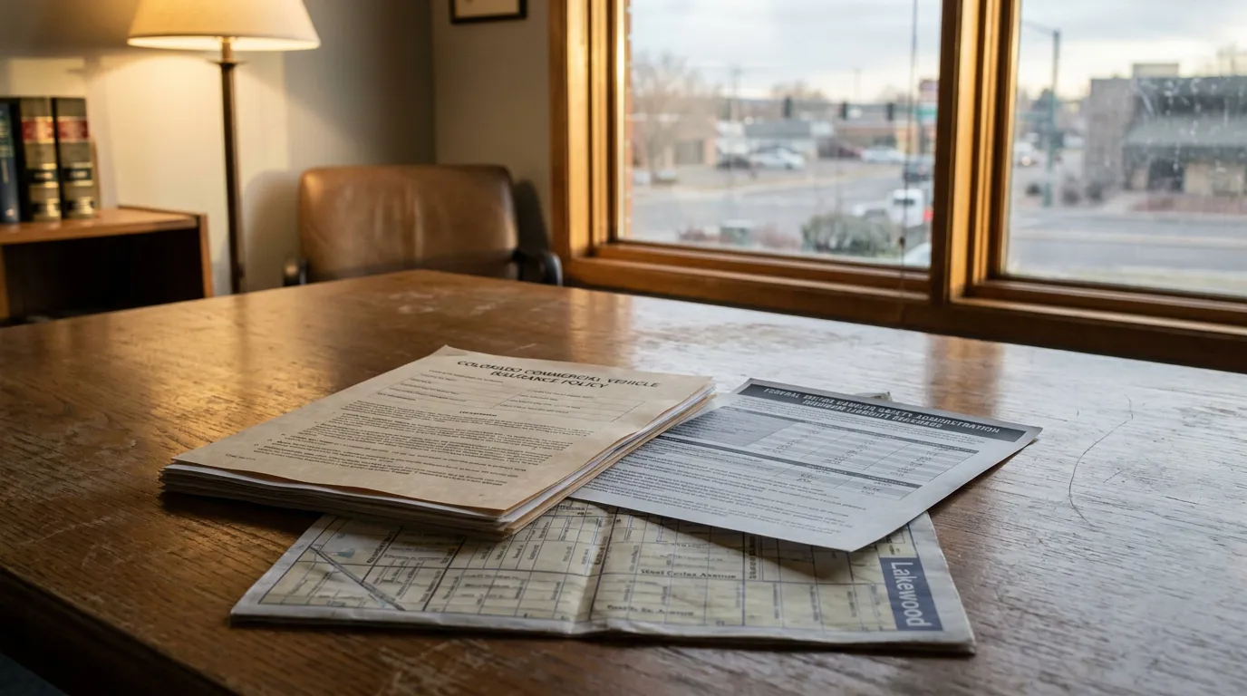 Federal Bus Insurance Documents Lakewood Colorado Attorney Office Colorado Commercial Vehicle Insurance Policy documents and Lakewood map on law office desk