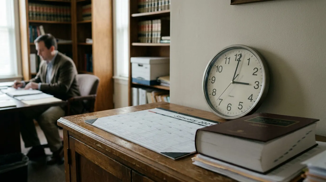 Morgantown Medical Malpractice Attorney Reviewing 10-Year Filing Deadline attorney working at desk beside January 2021 calendar, wall clock, and legal books