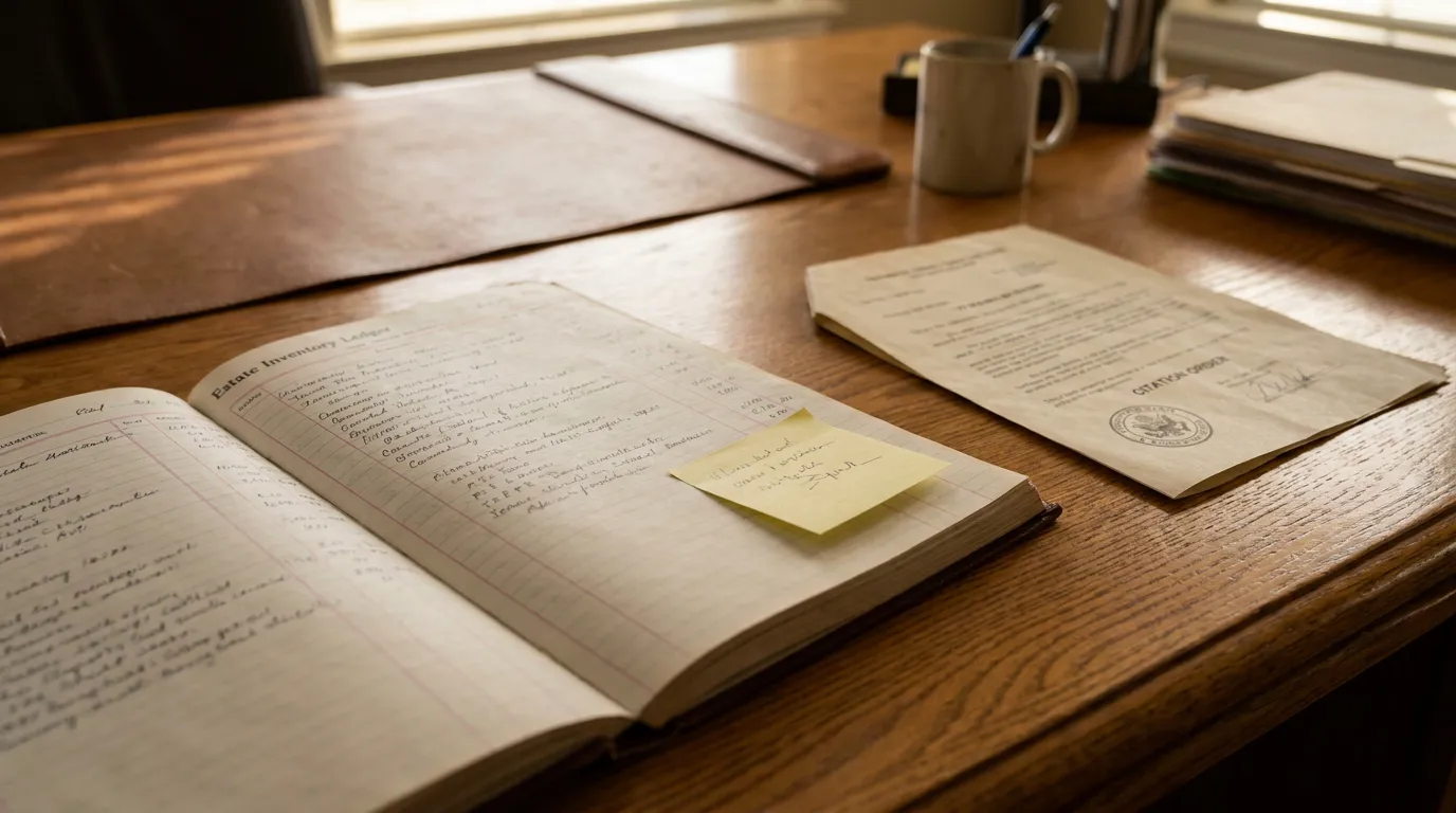 Illinois Estate Inventory Ledger and Citation Order Documents open Estate Inventory Ledger with sticky note beside signed court order document