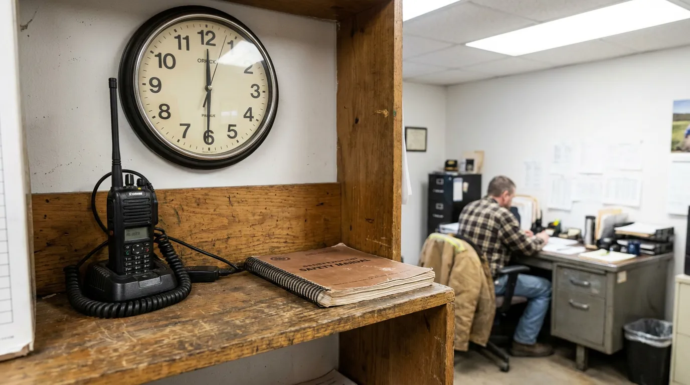 MSHA 15-Minute Reporting Rule Mine Office Morgantown West Virginia safety manual and two-way radio on shelf beside wall clock in workplace office