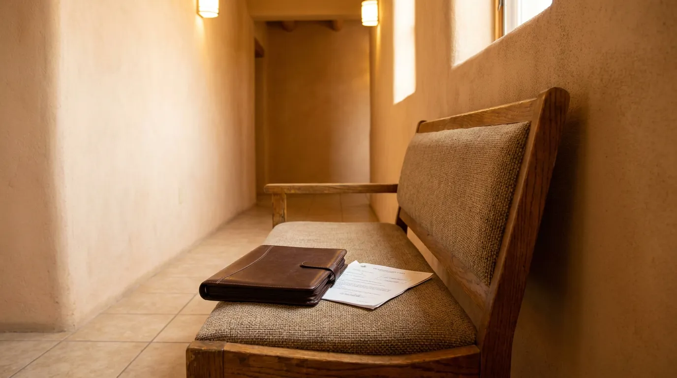 leather portfolio and legal document resting on wooden waiting room bench