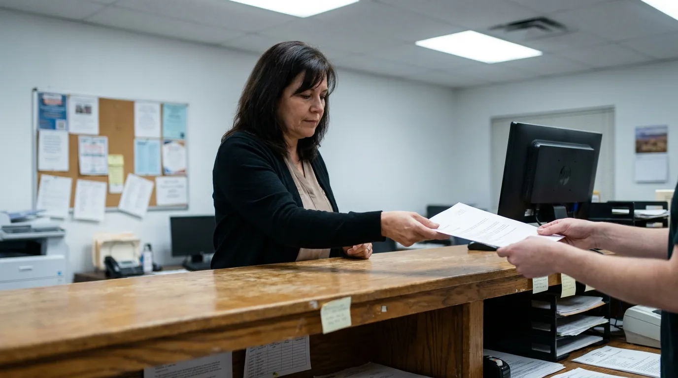 Albuquerque Probate Notice to Creditors Filing woman handing legal document across wooden counter in administrative office