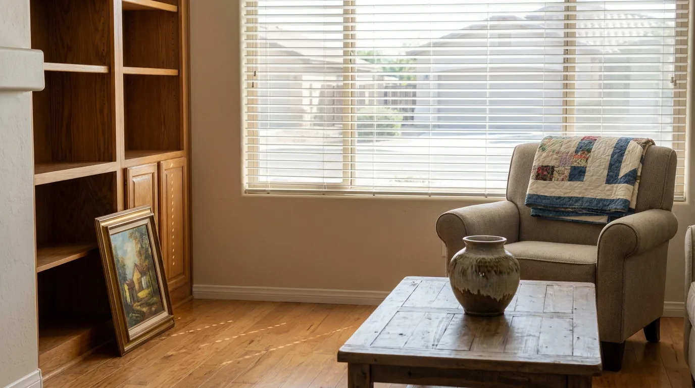 furnished living room with armchair, ceramic vase, wooden coffee table, and empty bookshelf