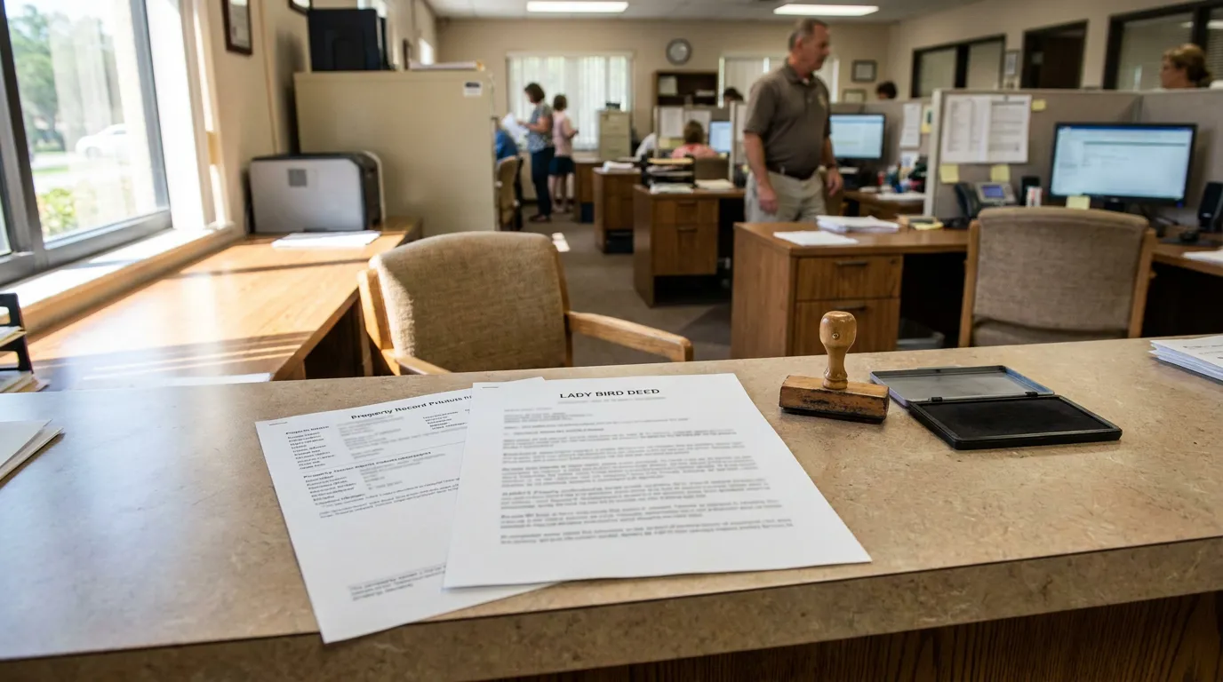 Florida Lady Bird Deed Document at County Records Office Lady Bird Deed document and rubber stamp on county clerk office counter
