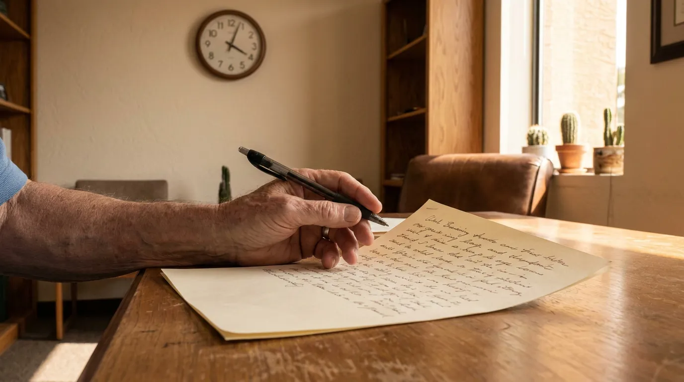 Mesa Arizona Testator Handwriting Holographic Will Document person writing handwritten letter with pen on wooden desk in office