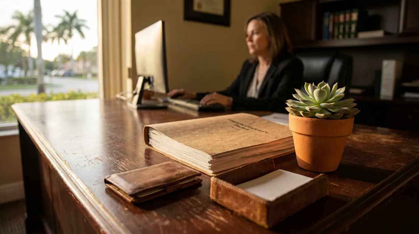 Stuart FL Divorce Attorney Reviewing Personal Goodwill Case attorney working at desk with financial disclosure packet and leather wallet