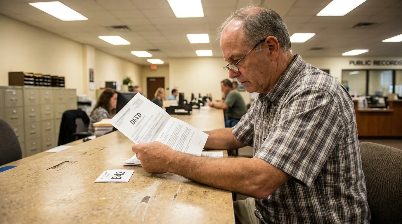 Man Reviewing Florida Lady Bird Deed at Public Records Office man reviewing deed document at public records office counter