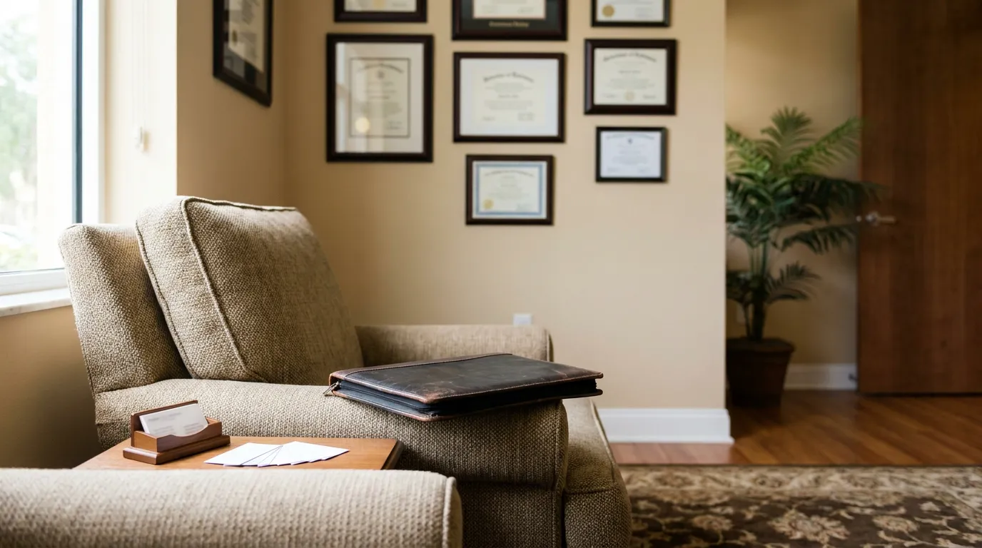Florida Divorce Attorney Office With Credentials and Case Files law office waiting area with framed certificates, leather portfolio, and business card holder