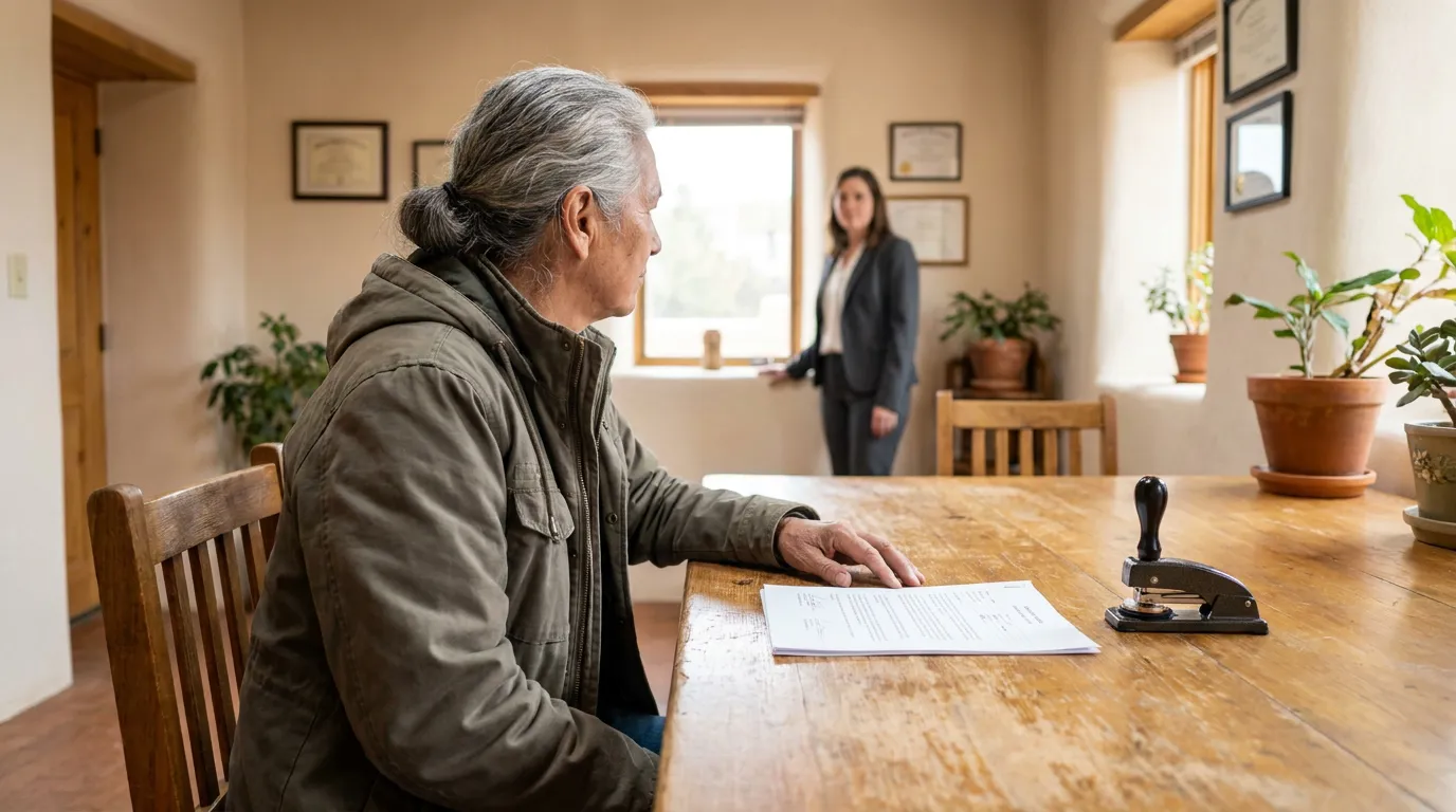 older man seated at wooden table with legal documents and notary seal stamp