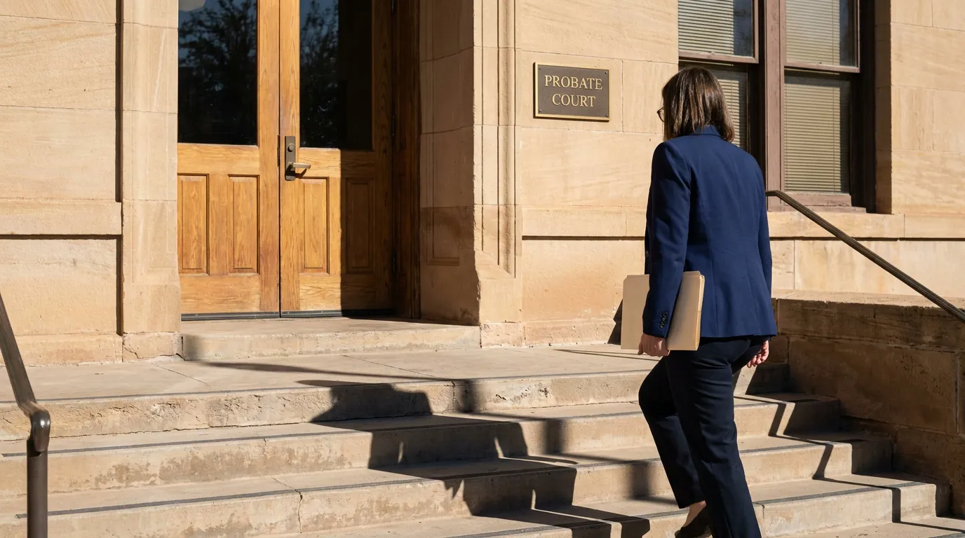 attorney carrying folder ascending stone steps toward Probate Court entrance