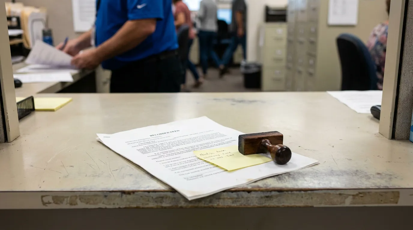 Florida Lady Bird Deed Recording at County Clerk Office recorded deed document with rubber stamp on government office counter