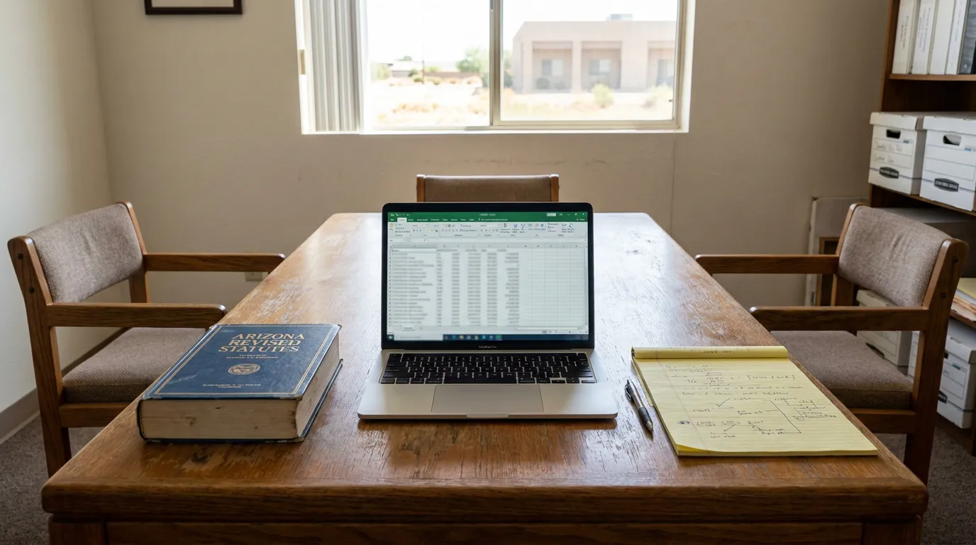 Mesa Arizona Trustee Compensation Review ARS 14-10708 Arizona Revised Statutes book, open laptop with spreadsheet, and handwritten legal notes on wooden conference table