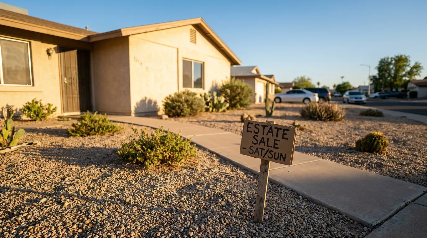 Chandler Arizona Estate Sale Home Uneconomic Trust Estate Sale Sat/Sun sign posted in front yard of residential home