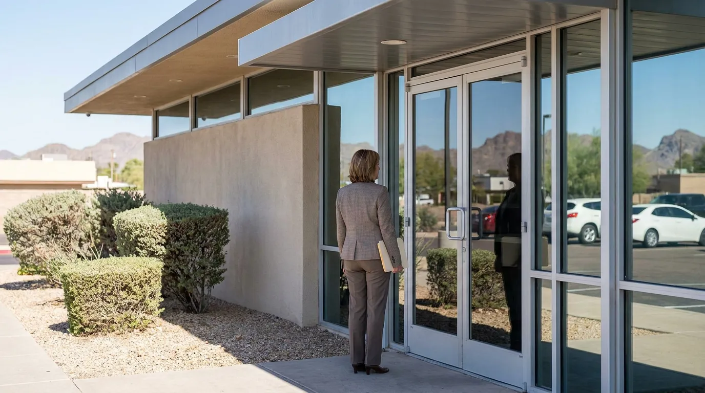 Mesa Arizona Trust Attorney Office Entrance After Grantor Death professional woman holding folder entering glass-door office building exterior