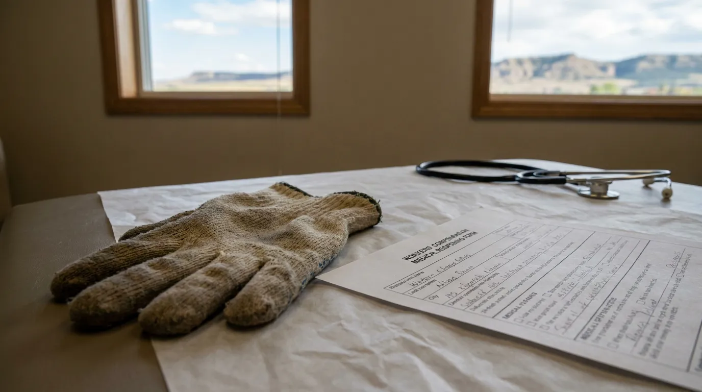 Montana Workers Comp Medical Reopening Form With Stethoscope work glove beside Workers' Compensation Medical Reporting Form and stethoscope on exam table