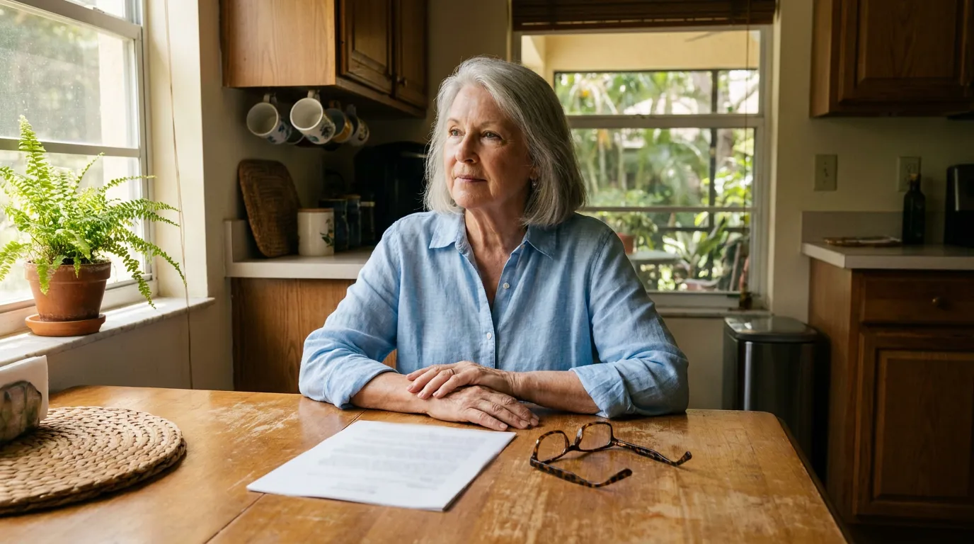 Stuart Florida Senior Woman Reviewing Lady Bird Deed at Home older woman seated at kitchen table with document and eyeglasses nearby