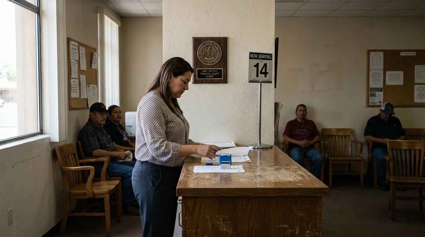 New Mexico Probate Court Clerk Processing Estate Documents probate court clerk stamping legal documents at counter with waiting area behind