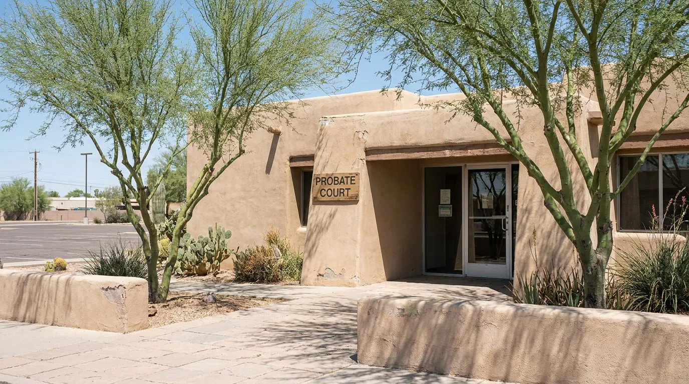 Mesa Arizona Probate Court Holographic Will Validation Probate Court building exterior with adobe architecture and desert landscaping