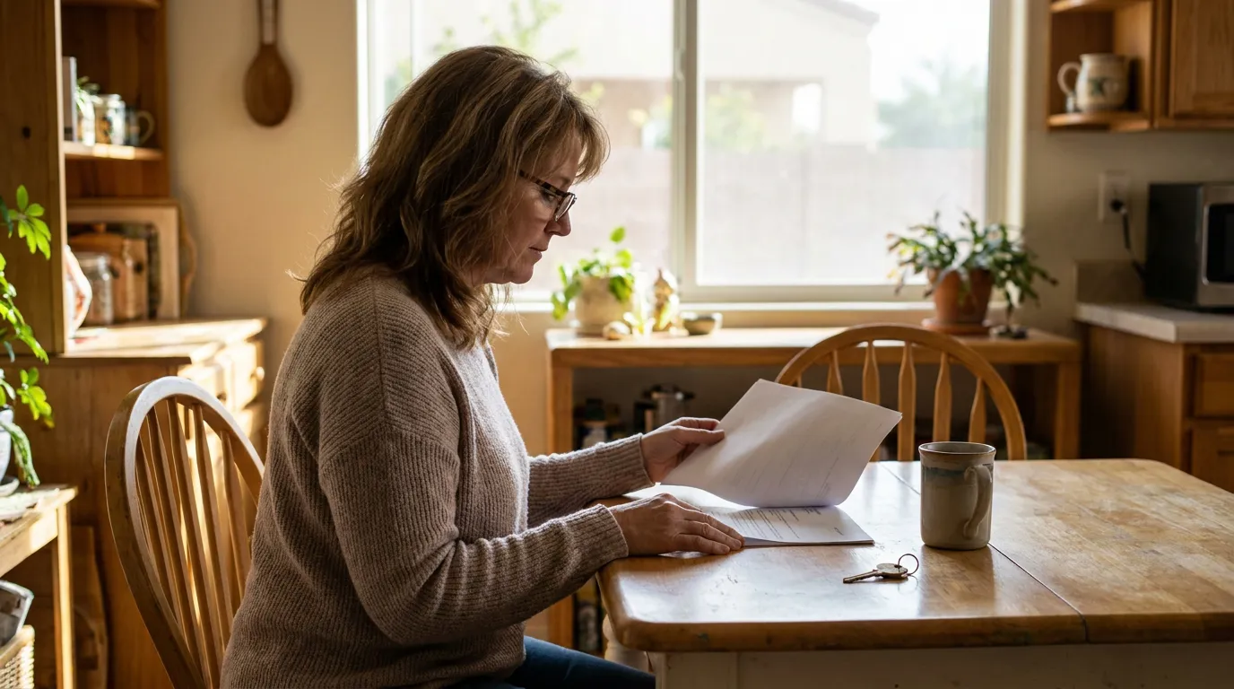 Mesa Surviving Spouse Reviewing Arizona Homestead Allowance Documents woman wearing glasses reading legal documents at kitchen table with keys nearby