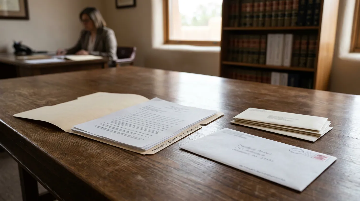 probate estate file folder with legal documents and envelopes on wooden desk