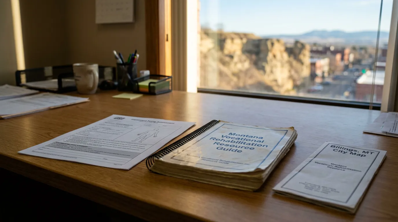 Montana Vocational Rehabilitation Resource Guide and Billings MT City Map on office desk